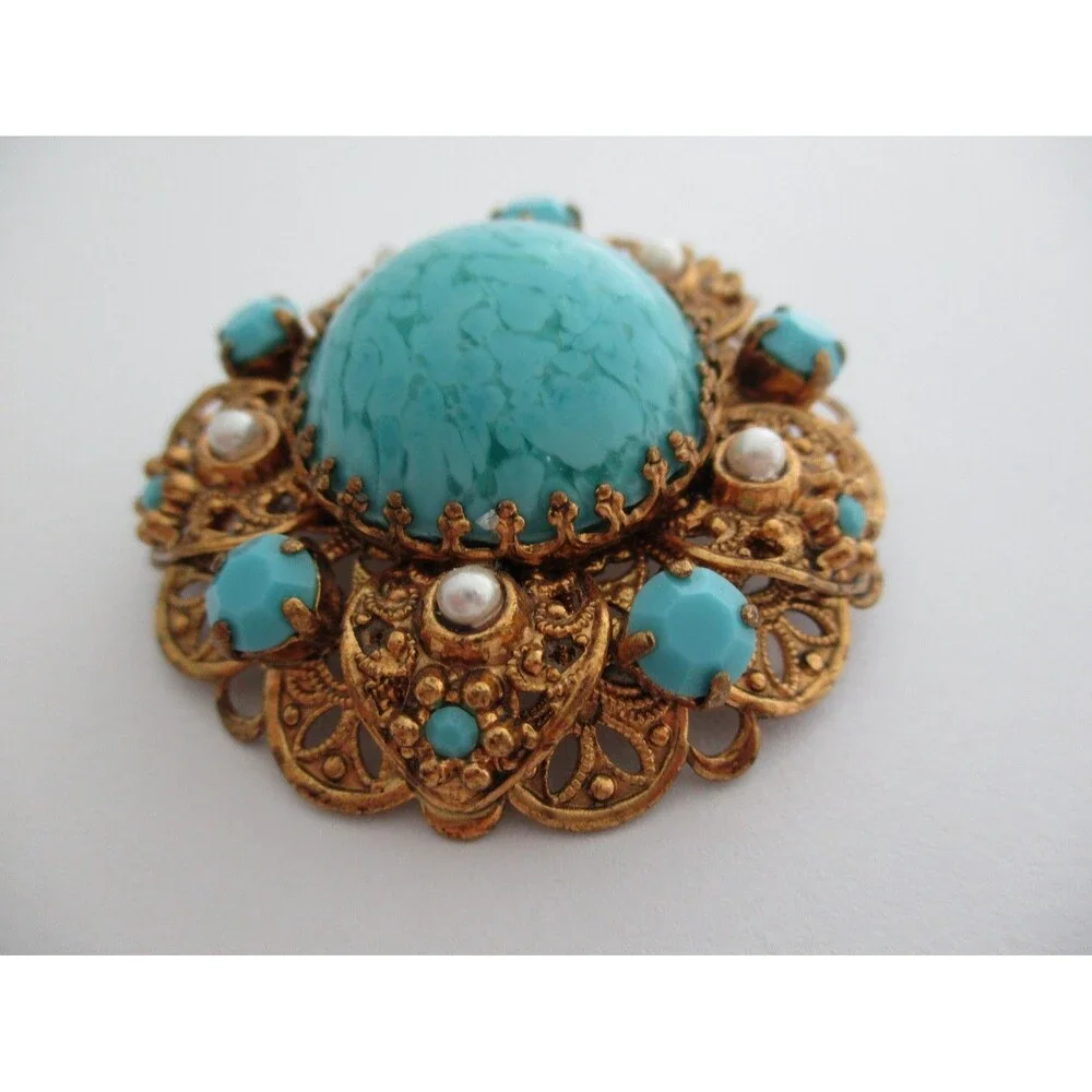 Vintage West  Germany Gold Filigree Turquoise Blue  Pearl Brooch Pin